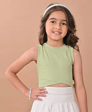Lilpicks Couture Sleeveless Ribbed Slim Fit Crop Tank Top - Green