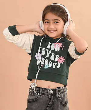 Lilpicks Couture Full Sleeves For Ever Groovy Text Printed Colour Blocked Hooded Crop Sweatshirt - Green