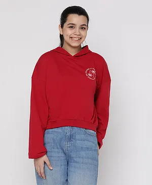 Lil Tomatoes Cotton Looper Full Sleeves Placement Printed Hooded   Sweatshirt - Cranberry Red