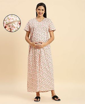 MomToBe Half Sleeves Floral  Printed  Maternity   Feeding Nighty  -  Peach