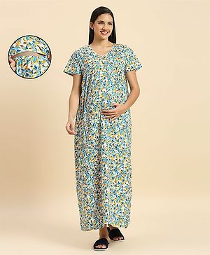 MomToBe Half Sleeves Leaf Printed    Maternity Feeding      Nighty  -  Blue