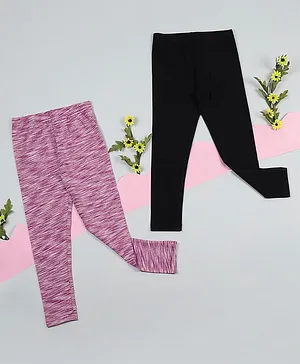 RAINE AND JAINE Pack Of 2 Solid & Abstract Design Printed Leggings - Magenta Pink & Black