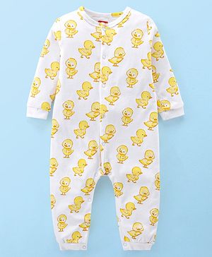 Babyhug 100% Cotton Interlock Knit Full Sleeves Romper Duck Print - White