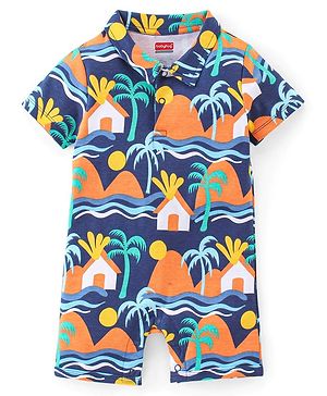 Babyhug 100% Cotton Interlock Knit Half Sleeves Beach Theme Romper - Multicolor