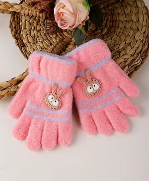 PASSION PETALS Animal Face Applique Striped Pattern Gloves - Pink