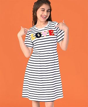 Pine Kids Cotton Half Sleeves Striped Frock with Puffed Text - Snow White