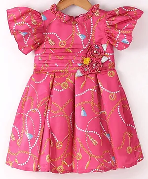 Rassha Half Frill Sleeves Loops & Pearls Printed With Pin Tucked Detailed Box Pleated Dress - Pink