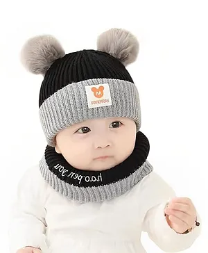 Priaansha Creations Pom Pom Applique Detailed  Winter Warm Hat Knitted Beanie Hat - Black