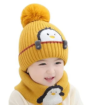 Priaansha Creations Penguin Face Detailed Woolen Winter Cap &  Muffler Set - Yellow