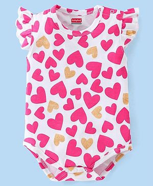 Babyhug 100% Cotton Knit Sleeveless Onesie With Heart Print - White & Pink