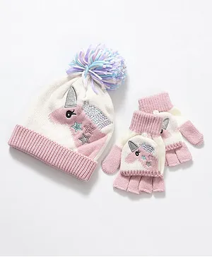 Priaansha Creations Animal Detailed Knitted Winter Beanie Hat & Mittens Gloves Set - White