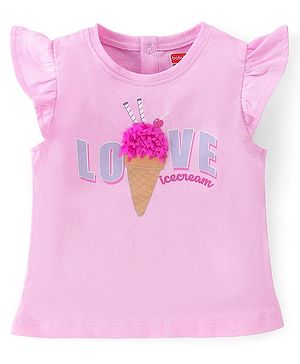 Babyhug 100% Cotton Knit Frill Sleeves Top with Text Print and Petal Embroidery - Pink