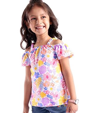 Babyhug 100% Cotton Knit Off Shoulder Half Sleeves Top with Floral Graphics & Frill Detailing - Pink