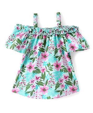Babyhug 100% Cotton Knit Off Shoulder Half Sleeves Top with Floral Graphics & Frill Detailing - Green