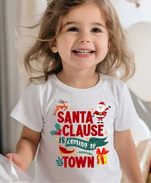 KNITROOT Christmas Theme Half Sleeves Santa Clause Is Coming To Town Printed Tee -White