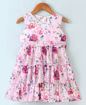 Rassha Sleeveless All Over Vintage Floral Printed Layered Dress - Baby Pink