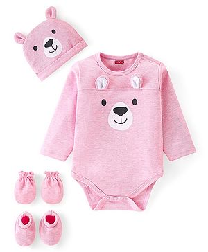 Babyhug 100% Cotton Full Sleeves Onesies With Cap & Mittens & Booties Teddy Print - Pink