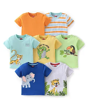 Babyhug 100% Cotton Half Sleeves T-Shirts With Elephant & Tiger Graphics Pack of 7 - Green Orange & Blue