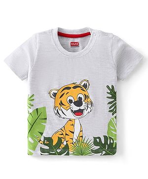 Babyhug 100% Cotton Half Sleeves T-Shirt With Tiger Graphics - Ecru Melange