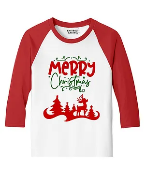 KNITROOT Christmas Theme Raglan Full Sleeves Merry Christmas Printed Tee - Red & White