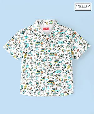 Babyhug 100% Cotton Knit Half Sleeve Shirt With Beach Theme Print - White & Blue