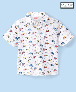 Babyhug 100% Cotton Knit Half Sleeve Shirt With Aircraft Print - White