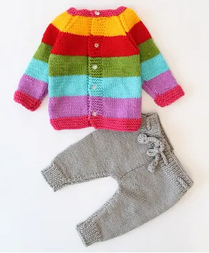 Woonie Crochet Full Sleeves Rugby Striped Sweater with Pant - Multi Color