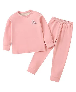 Little Surprise Full Sleeves Placement Bear Printed Thermal Winter Set - Pink
