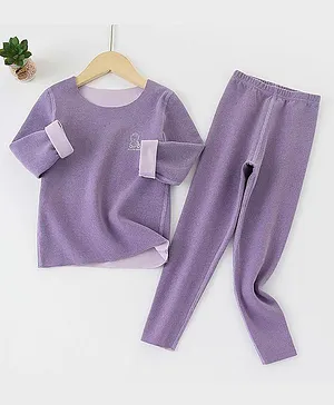 Little Surprise Full Sleeves Placement Teddy Printed Thermal Winter Set - Purple