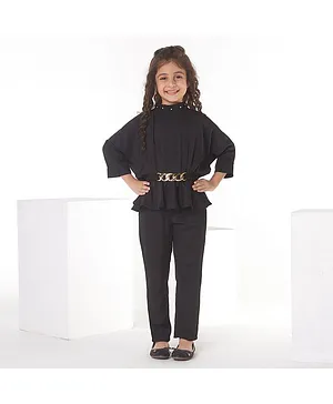 Ministitch Georgette Three Fourth Sleeves Solid Gathered Top And Pant Set -  Black