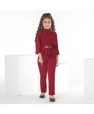 Ministitch Georgette Three Fourth Sleeves Solid Gathered Top And Pant Set -   Maroon