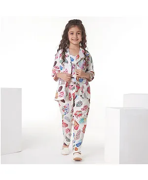 Ministitch Three Fourth Sleeves Abstract Hearts & Floral Printed Co Ord Set - Off White