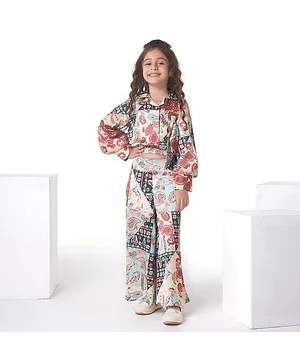 Ministitch  Full Sleeves Floral & Paisley Printed Co Ord Set - Cream Black Brown