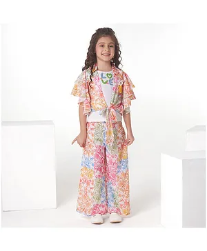 Ministitch Half Frill Sleeves Floral Printed Co Ord Set - White Orange  Pink