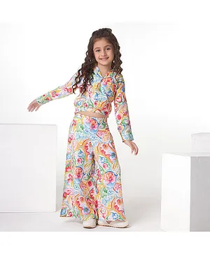 Ministitch Full Sleeves Water Colour Effect Printed Co Ord Set - White Orange Pink