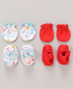 Ben Benny Interlock Mittens and Booties Set Solid & Floral Print Pack of 4- Multicolour