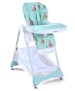 Babyhug High Chair with 7 Level Height Adjustment & Removable Cushion Seat- Sea Green| Reclining Seat| Compact Fold| Lockable Wheels| Removable Double Food Tray| Adjustable Foot-rest| Storage Basket