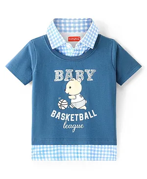 Babyhug Cotton Knit Half Sleeves Teddy Printed Over Lapping T-Shirt - Navy Blue