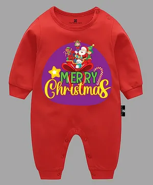 The Peppy Tend Christmas Theme Unisex Full Sleeves Merry Christmas Text & Santa Claus Printed Romper  - Red