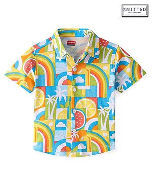 Babyhug Cotton Knitted Half Sleeves  Regular Collar Shirt Rainbow Printed  - White Blue & Yellow