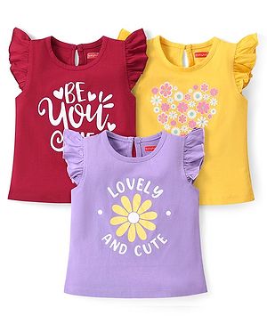 Babyhug 100% Cotton Frill Sleeves Tops With  Floral Graphics & Text Print Pack of 3- Multicolour