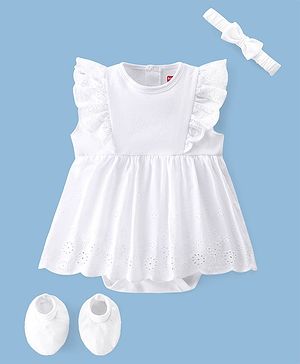 Babyhug 100% Cotton Interlock Knit Sleeveless Solid Color Onesies with Hair Band & Booties - White