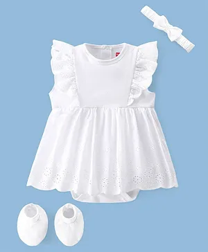 Babyhug 100% Cotton Interlock Knit Sleeveless Solid Color Onesies with Hair Band & Booties - White