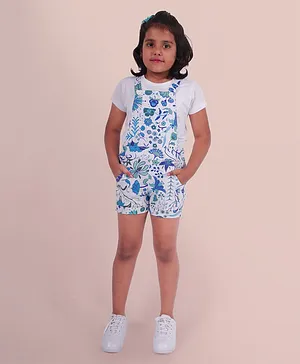 Little Carrot Half Sleeves Floral Printed Dungaree With Tee - Blue