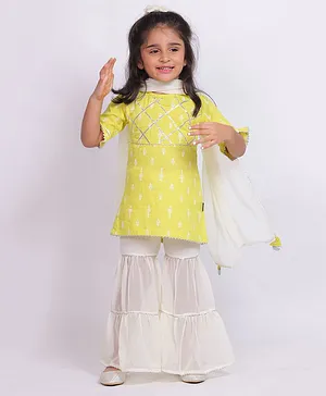 Little Carrot Rayon Three Fourth Sleeves  Ethnic Motif Printed & Lace Embellished Kurta Sharara Set With Dupatta -  Lime Green