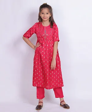 Little Carrot Three Fourth Sleeves Ethnic Ikat Motif Foil Printed & Floral Embroidered Kurta Set - Fuchsia Pink