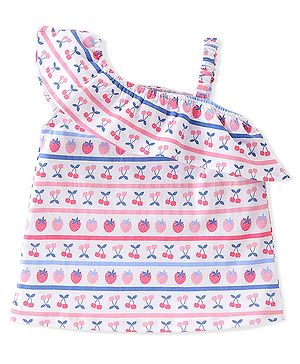 Babyhug 100% Cotton Knit Sleeveless Asymmetrical Top with Frill Detailing Cherry Print - White & Pink