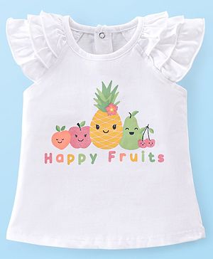 Babyhug Cotton Knit Frill Sleeves Fruity Printed T-Shirt - Off White