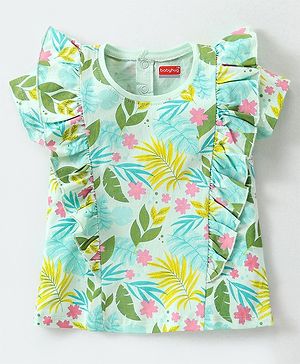 Babyhug Cotton Knit Half Sleeves Top With Frill Detailing & Floral Print - Light Green