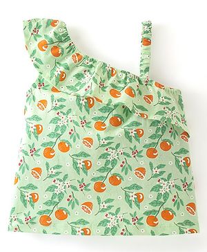Babyhug Cotton Knit One Shoulder Sleeves   Top  with Frill Detailing Orange & Floral  Print - Green
